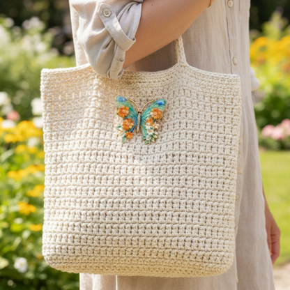 Beige woven bag with a butterfly embellishment held by a person in a garden setting, butterfly pin brooch by Catherine cole