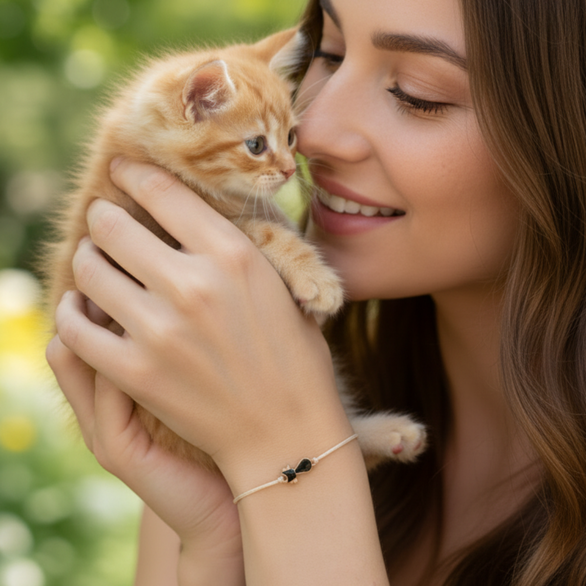 Woman holding a small orange kitten with a blurred natural background