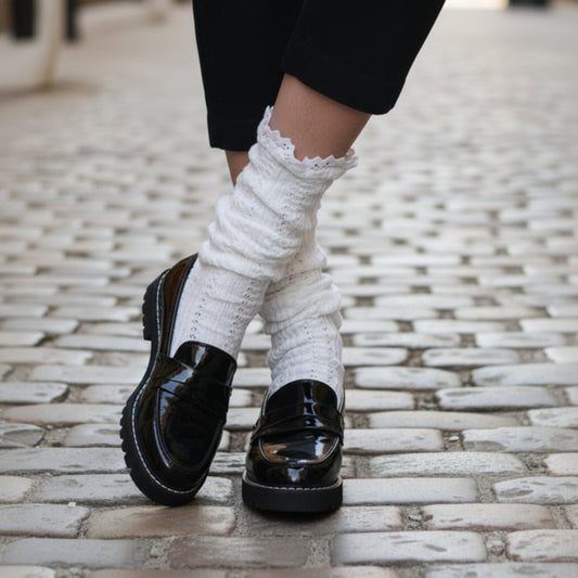 woman wearing a white lace ankle knit slouch socks