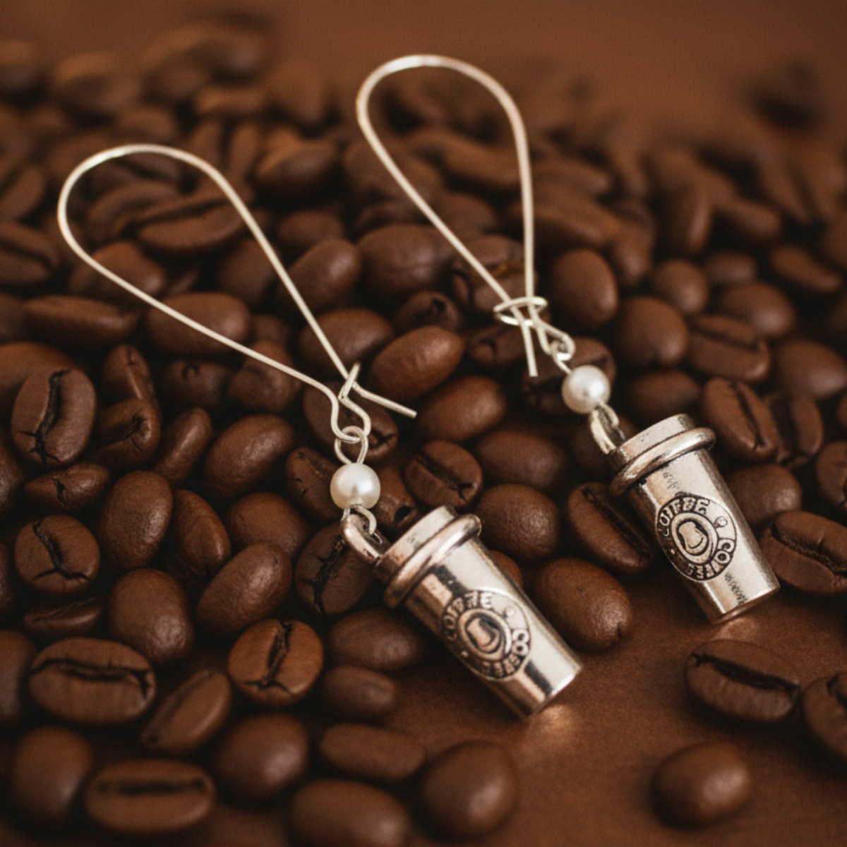Silver coffee-themed earrings on a bed of coffee beans. handmade coffee cup earrings, starbucks them jewelry