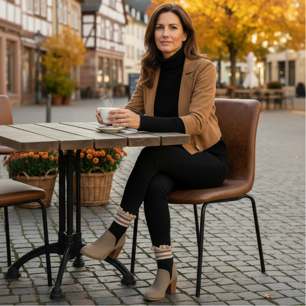 cozy knit lace topped crew ankle socks with tsripes for fall , winter hosiery