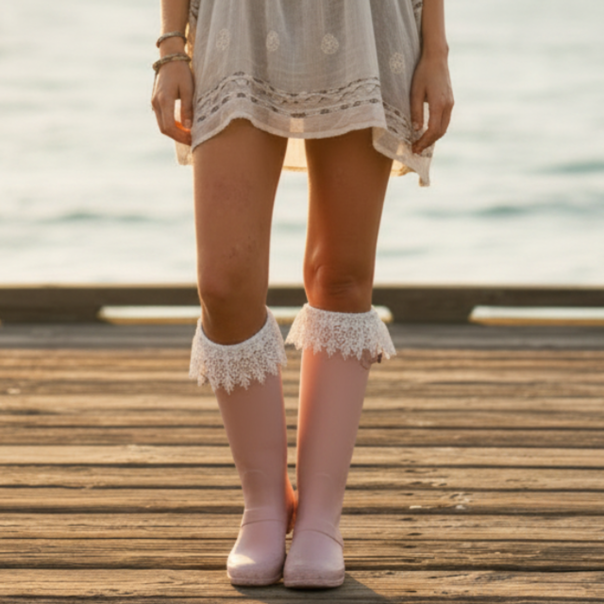 white long lace socks for tall rain boots, catherinecole