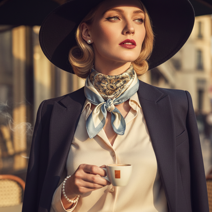 A woman in a vintage-inspired outfit wearing a wide-brimmed black hat, a navy blazer, a cream blouse, and a light blue patterned neck scarf, holding a small white coffee cup.
