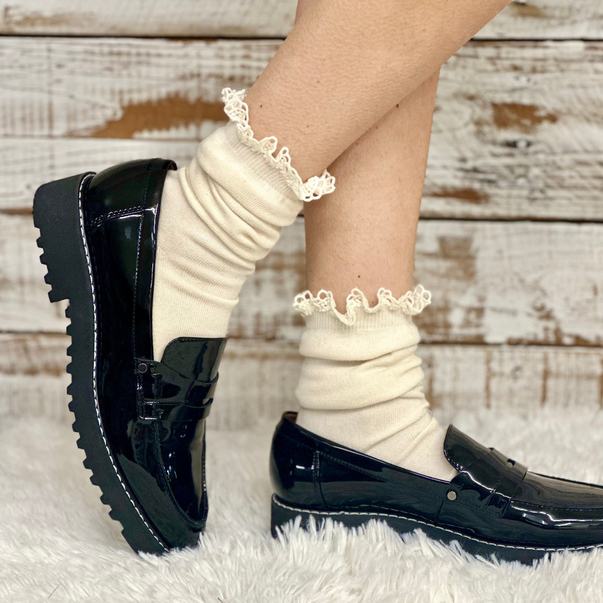 lace top natural cotton organic knit socks, lace slouch socks,knit lacy socks, organic cotton socks, eco friendly socks, ladies socks lace, lacey crew socks, slouchy knit socks, Catherine Cole signature socks