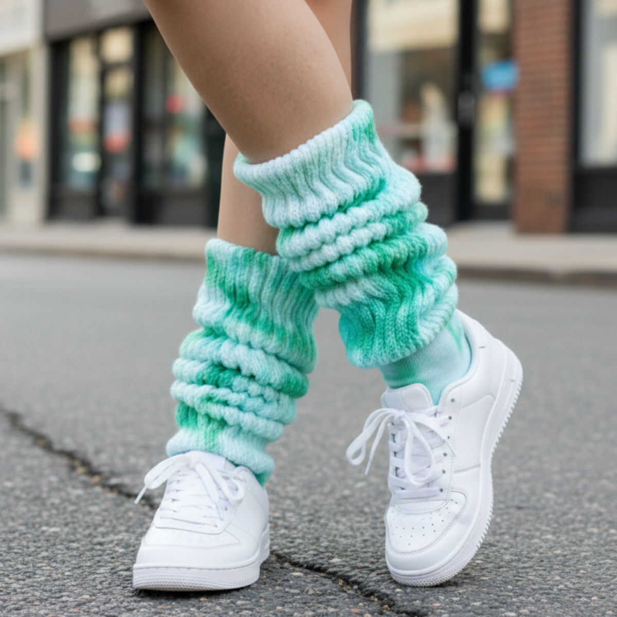 Green and white striped socks worn with white sneakers on a blurred street background