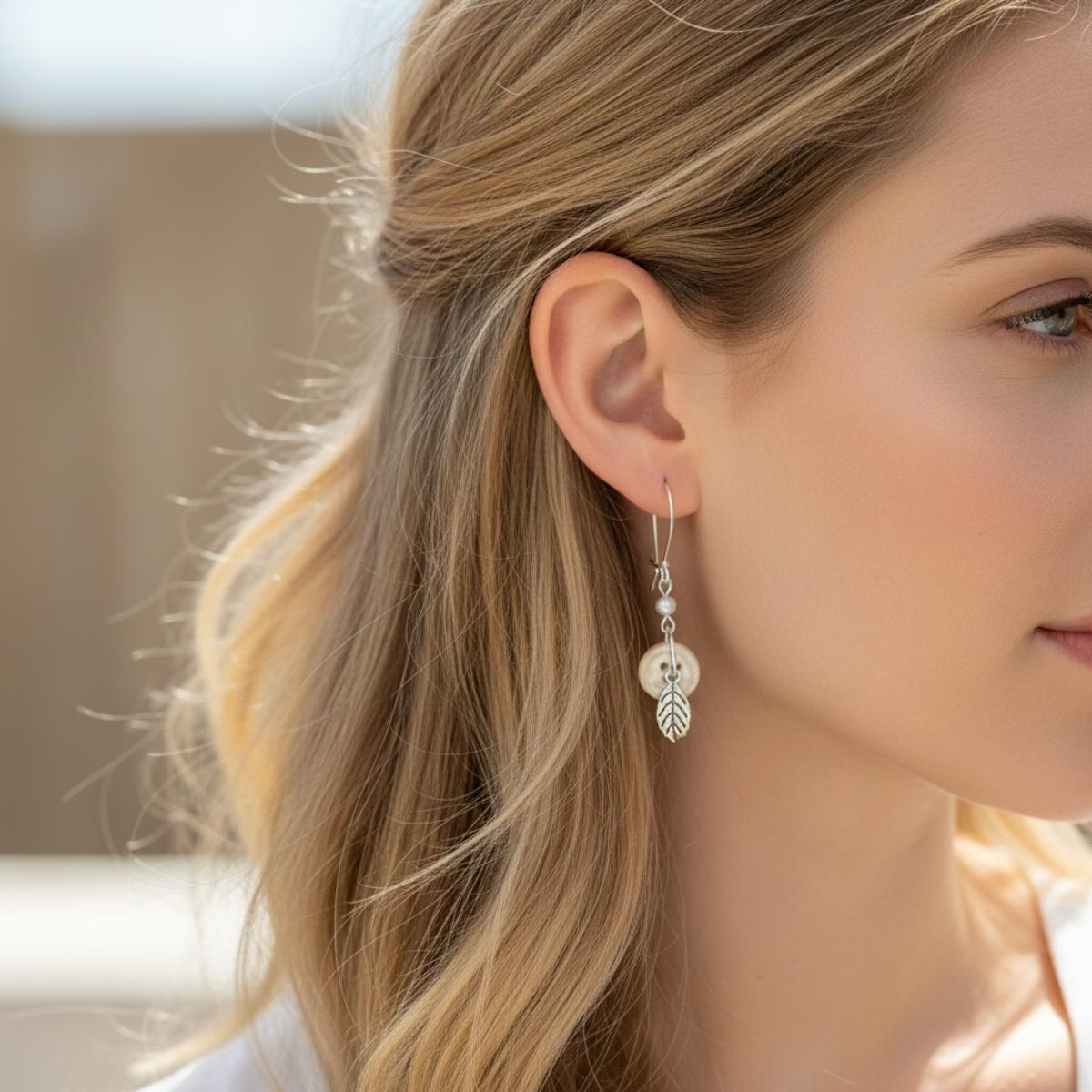 Close-up of a woman wearing a silver earring with a feather design.
