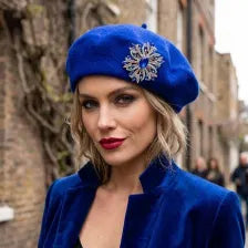 Royal Blue Wool Beret with Removable Rhinestone Starburst Brooch