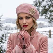 Soft Pink Wool Beret with Removable Gold Starburst Brooch