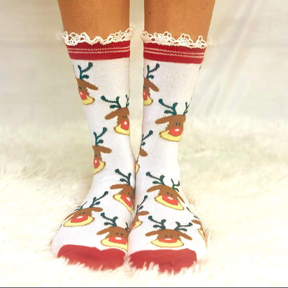 Red reindeer lace topped socks with Rudolph design"
"RUDOLPH Christmas socks with natural cotton lace trim"
"Festive red holiday socks with reindeer pattern close-up"