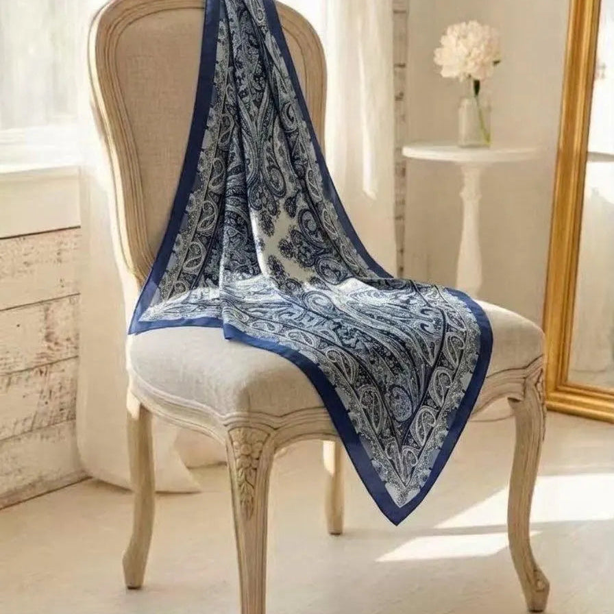 25"  Paisley Blue Silk Feel Bandana, Luxury Western Wild Rag Neckerchief