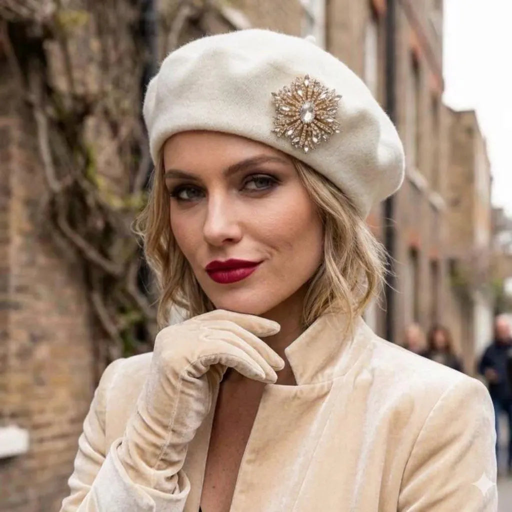 Winter White French Wool Beret with Removable Gold Starburst Brooch