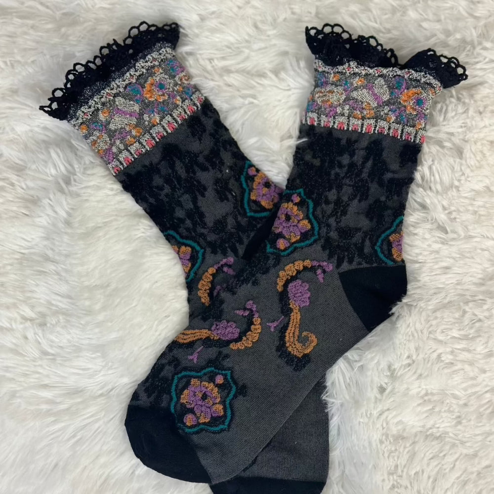 HELLO BIRDY knit lace top black crew sock - eye candy sock, Catherine Cole ~ Atelier Inspired fashion since 1991 Couture socks and foot jewelry