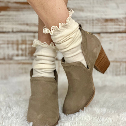 lace top natural cotton organic knit socks, lace slouch socks,knit lacy socks, organic cotton socks, eco friendly socks, ladies socks lace, lacey crew socks, slouchy knit socks, Catherine Cole signature socks