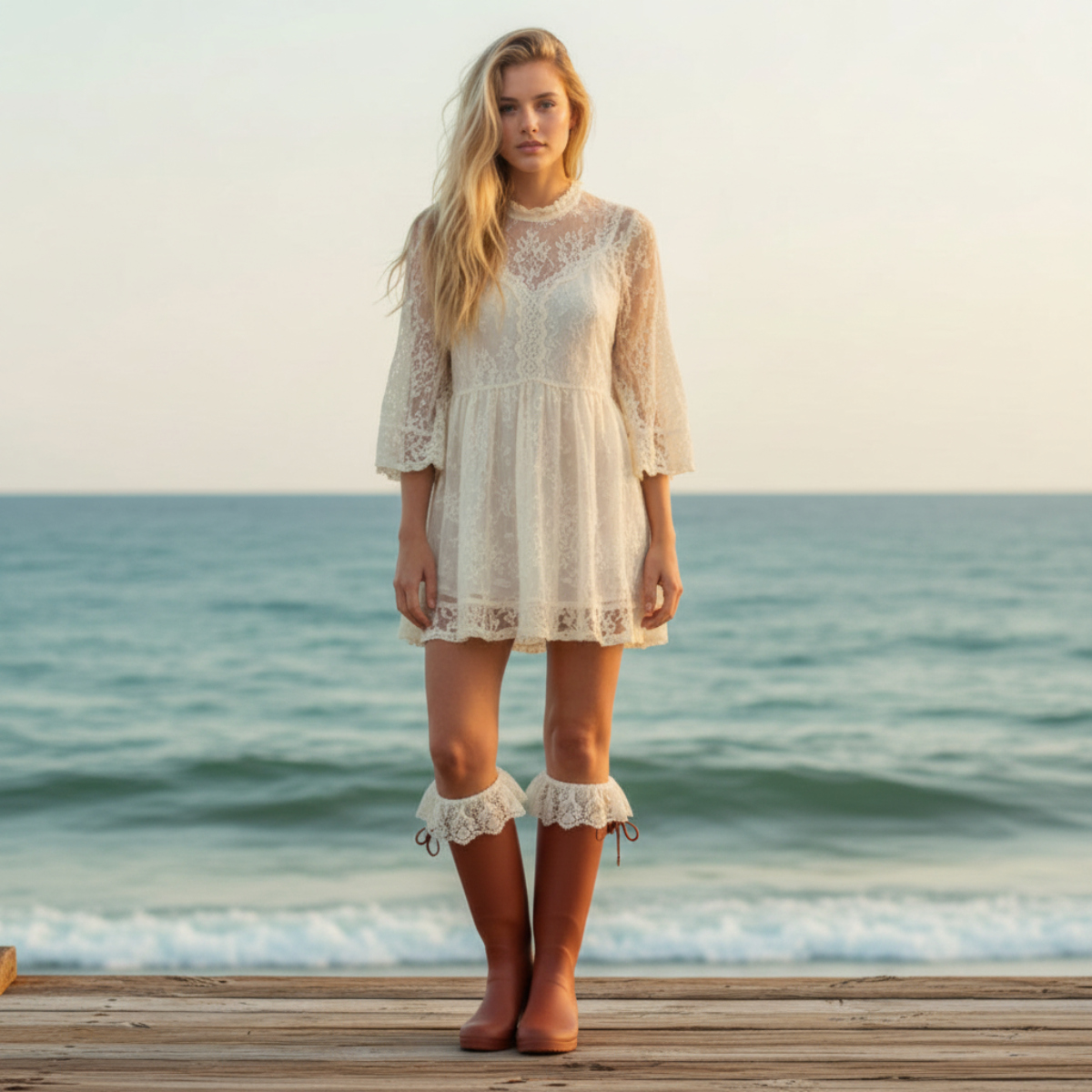 lace ruffle long crochet socks worn with Hunter rain boots by Catherine cole