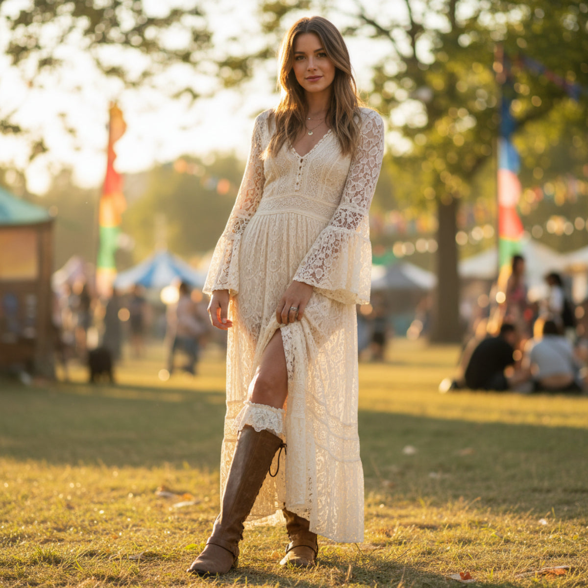 woman wearing a long lace socks and tall boots for festival  soft girl fashion