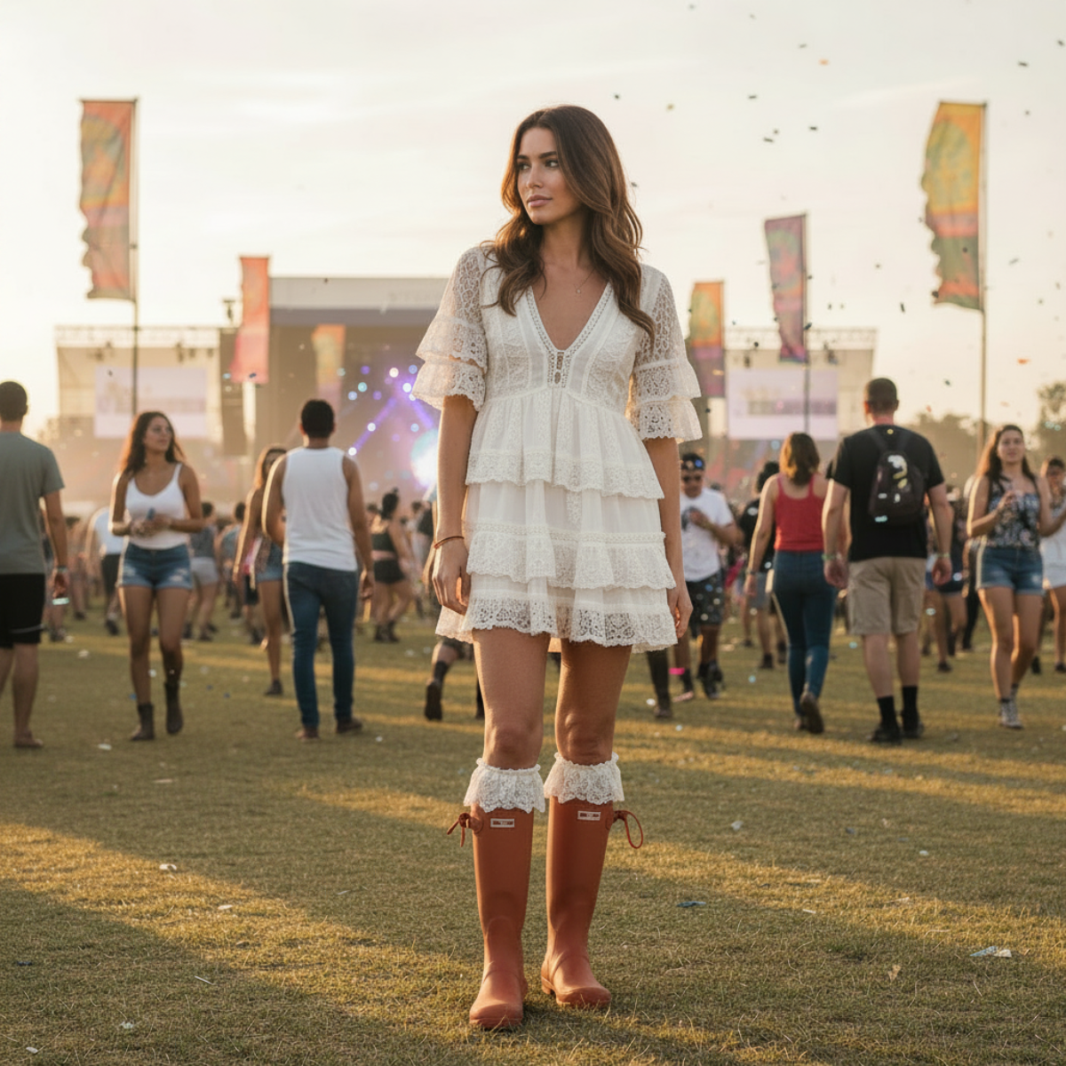 Viral lace ruffle trim socks and rain boots at festival