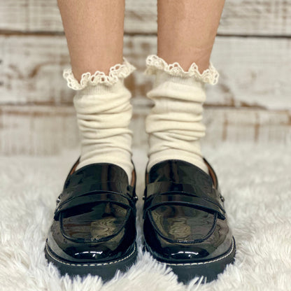 lace top natural cotton organic knit socks, lace slouch socks,knit lacy socks, organic cotton socks, eco friendly socks, ladies socks lace, lacey crew socks, slouchy knit socks, Catherine Cole signature socks