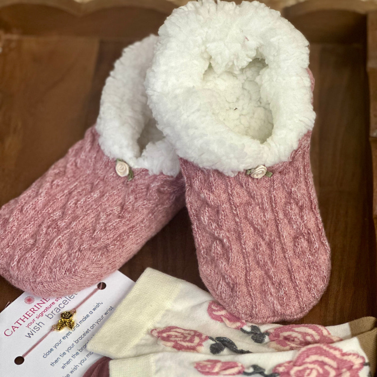 mauve knit slipper sock wish bracelet gift set