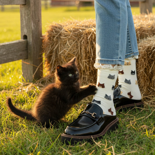 MEOW cat novelty  crew sock womens- neutral, Catherine Cole Signature socks, fun cat socks, feline novelty socks
