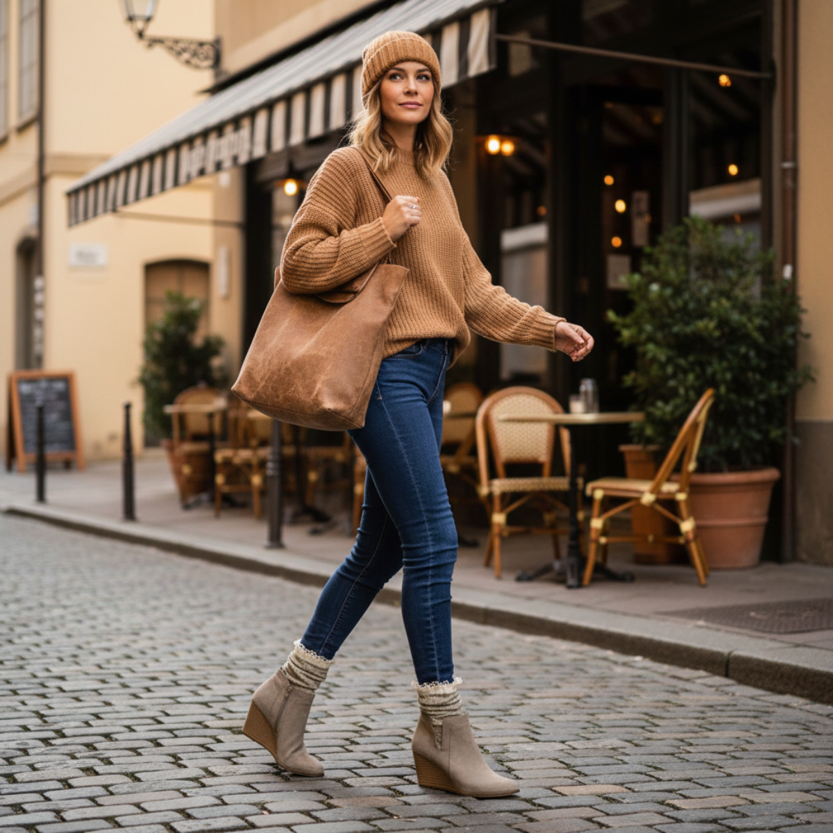 Woman in a brown sweater and jeans walking on a street with a cafe in the background