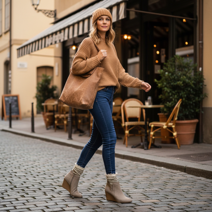 Woman in a brown sweater and jeans walking on a street with a cafe in the background