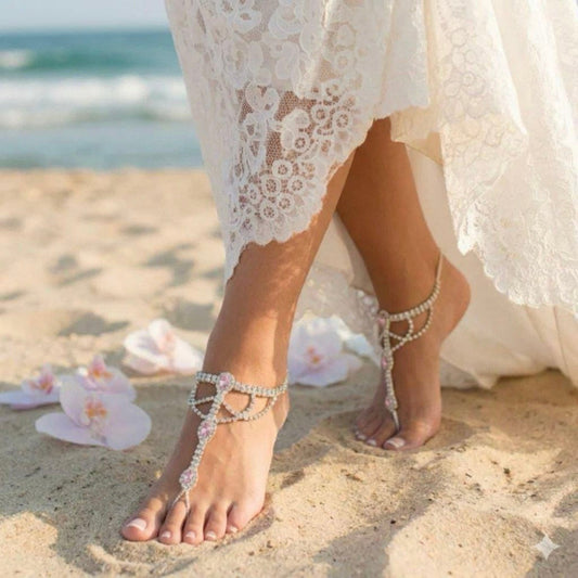 Pair of Pink Silver Rhinestone Barefoot Sandals • BRIDE Wedding Foot Jewelry