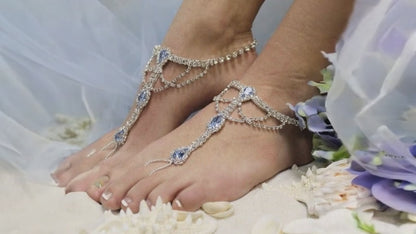 BRIDE Blue Silver Barefoot Sandals - Handcrafted Rhinestone Beach Wedding Foot Jewelry