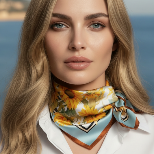 Woman wearing a colorful scarf with sunflower pattern on a neutral background