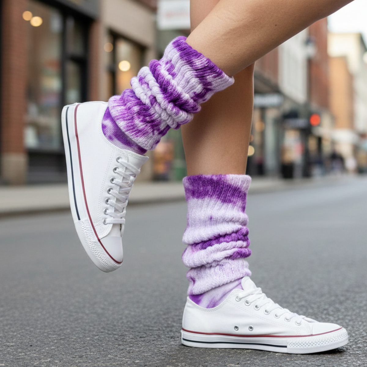 Person wearing purple and white tie-dye socks with white sneakers on a city street.