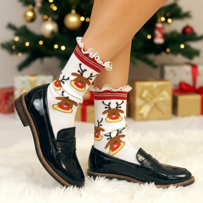 Rudolph Red Reindeer Lace Socks - Christmas Holiday Crew Socks