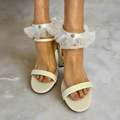 White sandals with tulle straps on a white background, JEWEL ruffle sheer tulle WHITE ankle bracelet white