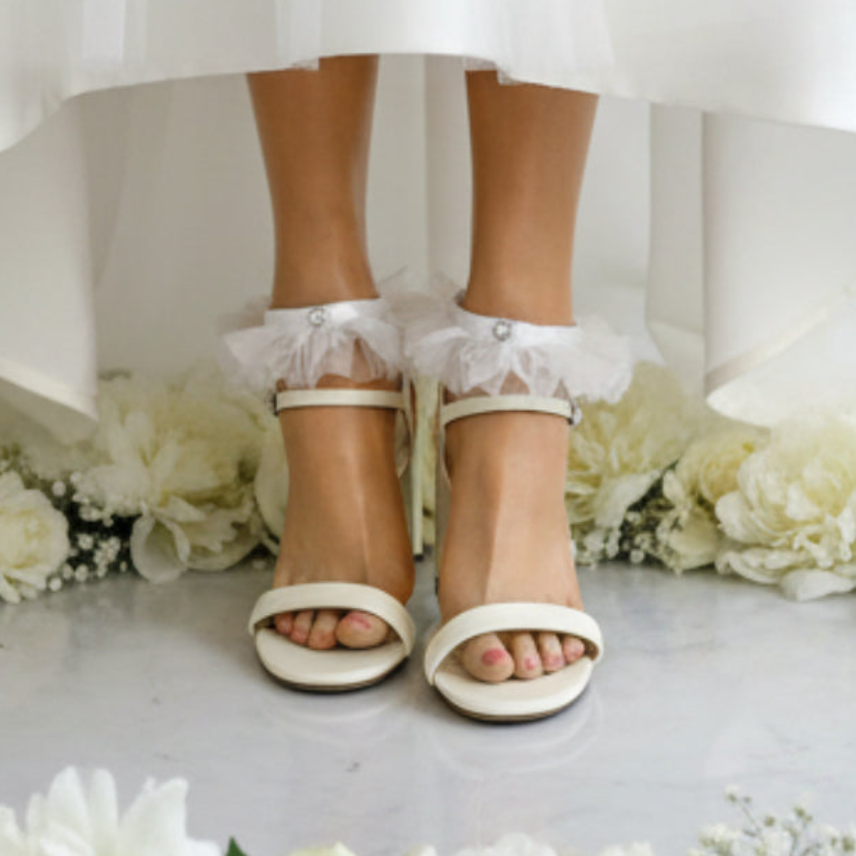 Pair of White Tulle Ruffle Barefoot Sandals • JEWEL Bridal Wedding Foot Jewelry