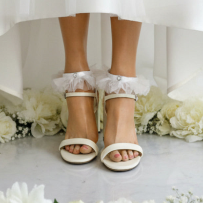 Pair of White Tulle Ruffle Barefoot Sandals • JEWEL Bridal Wedding Foot Jewelry