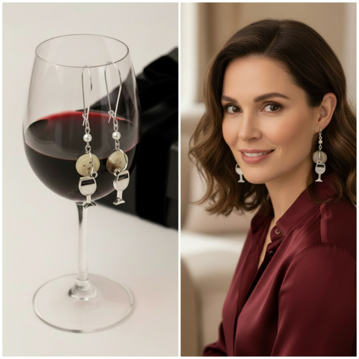 Wine glass with wine-themed earrings and a woman wearing them.