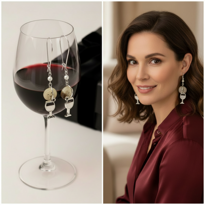 Wine glass with wine-themed earrings and a woman wearing them.