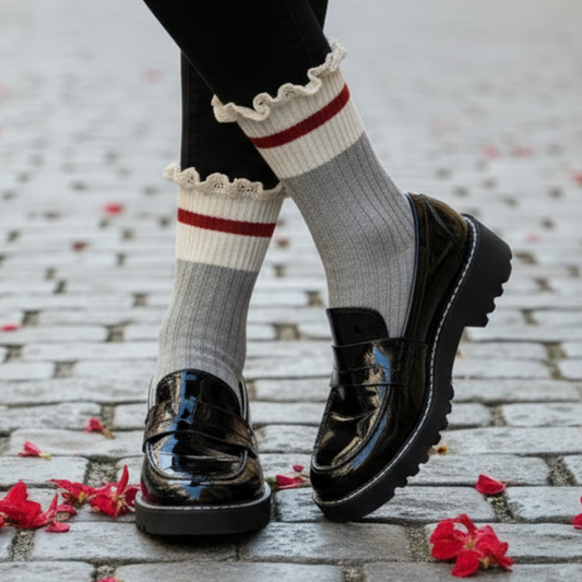 Person wearing black shoes and gray socks with red stripes on a cobblestone street. socks by Catherine cole