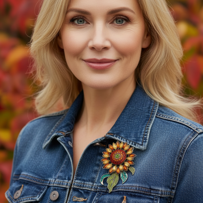 Sunflower Crystal Brooch Pin 3x4" | Amber & Teal Rhinestone Brooch