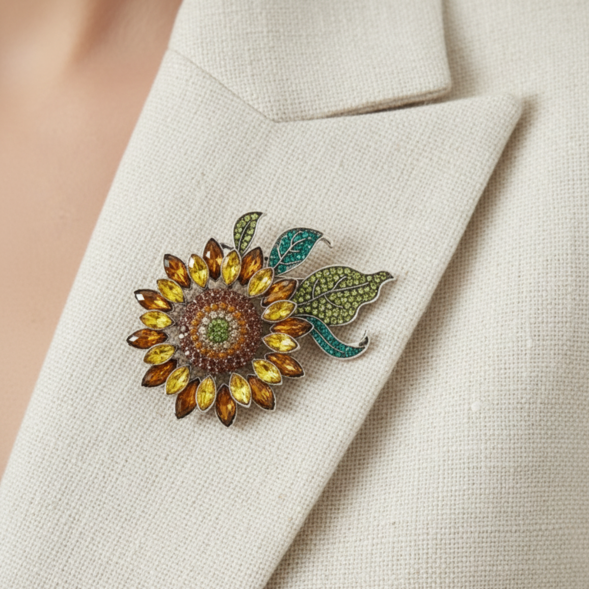 Sunflower-shaped brooch on a beige coat, Sunflower Crystal Brooch Pin 3x4" | Amber & Teal Rhinestone Brooch