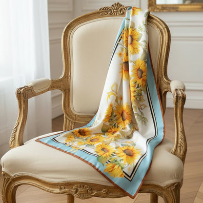 Square scarf with sunflower pattern held by a hand on a neutral background