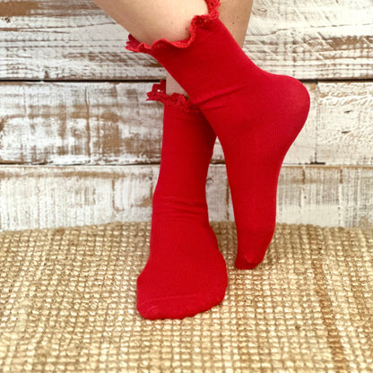 sweet lace topped tube socks for women red