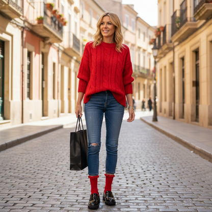 Woman in a red sweater and blue jeans walking down a street with shopping bags.