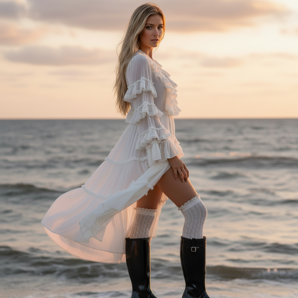 tall lace topped ruffle socks with rain boots