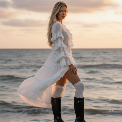 tall lace topped ruffle socks with rain boots