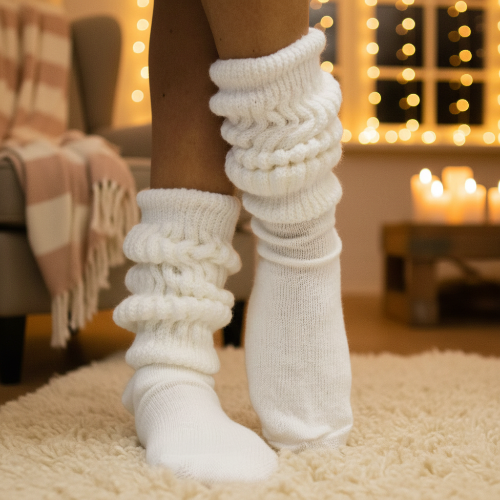 White knitted leg warmers worn over white socks in a cozy indoor setting with soft lighting.