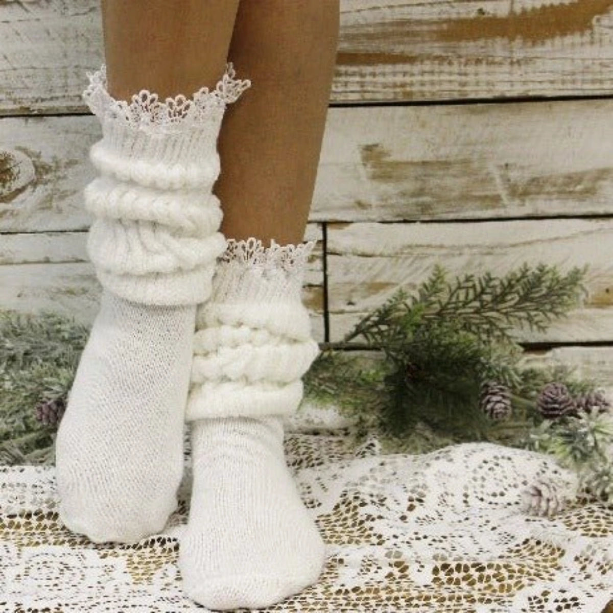 Lace Topped Slouch Socks Women White • ULTIMATE Cotton Made in USA