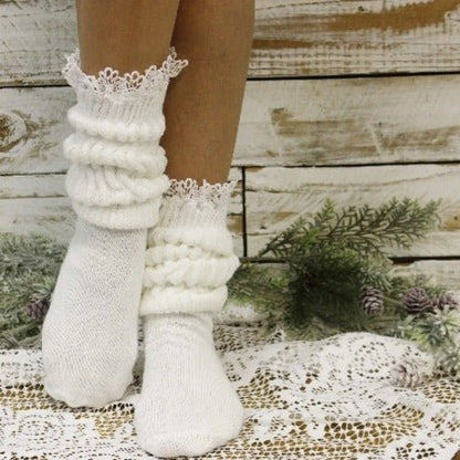 Lace Topped Slouch Socks Women White • ULTIMATE Cotton Made in USA