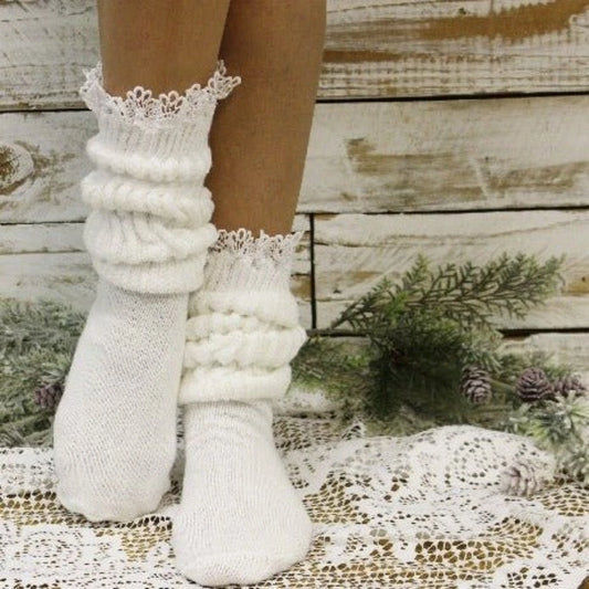 Lace Topped Slouch Socks Women White • ULTIMATE Cotton Made in USA