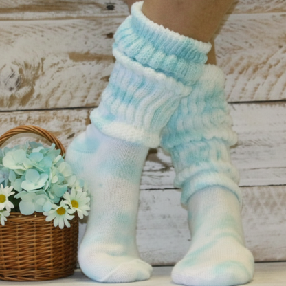 Hand Tie Dye Aqua Blue Slouch Socks Women • ULTIMATE Cotton Made in USA