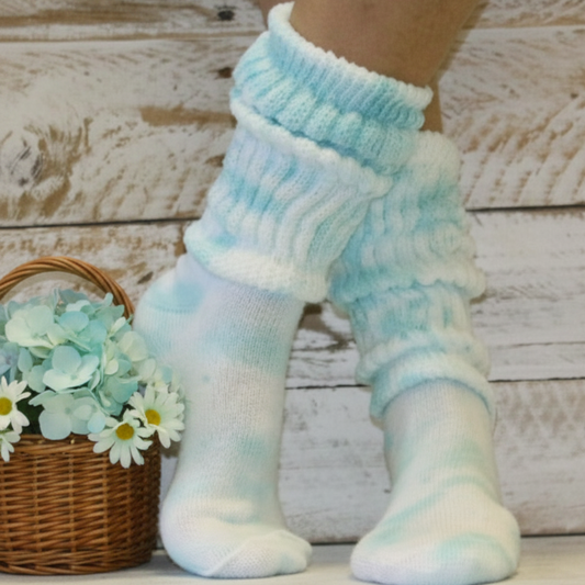 Hand Tie Dye Aqua Blue Slouch Socks Women • ULTIMATE Cotton Made in USA