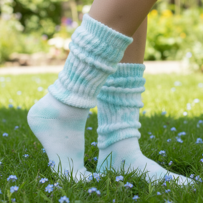 Hand Tie Dye Aqua Blue Slouch Socks Women • ULTIMATE Cotton Made in USA